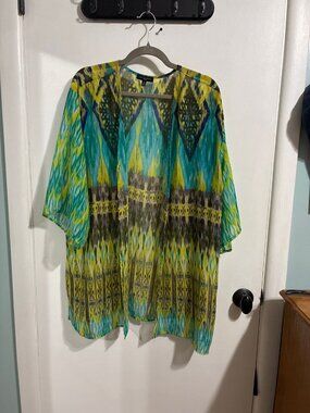 Notations Green and Yellow Ikat Sheer Kimono, 1X